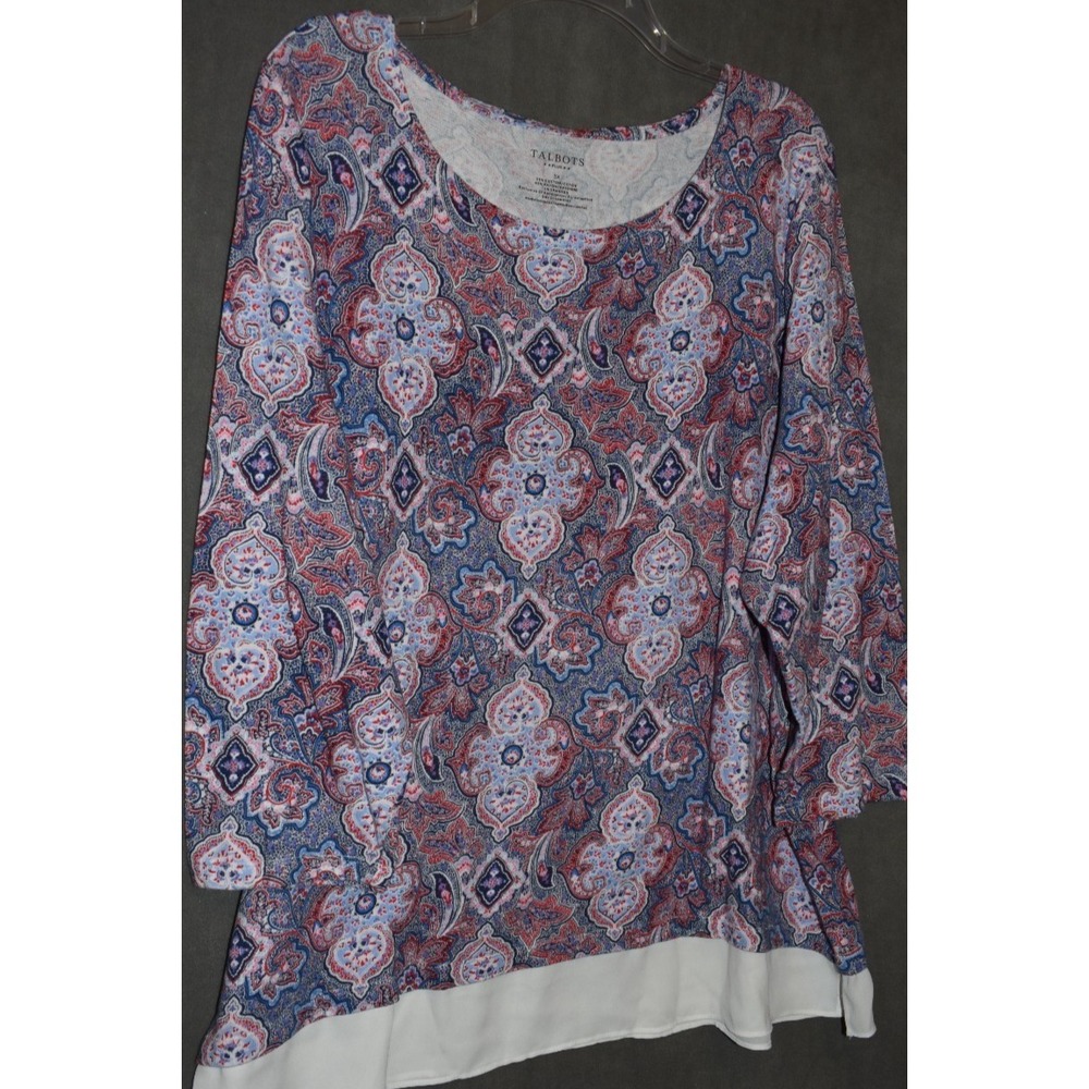 Talbots 3X Paisley Top Stretch Blouse‎ White Chiffon trim 3/4 Sleeve Pullover